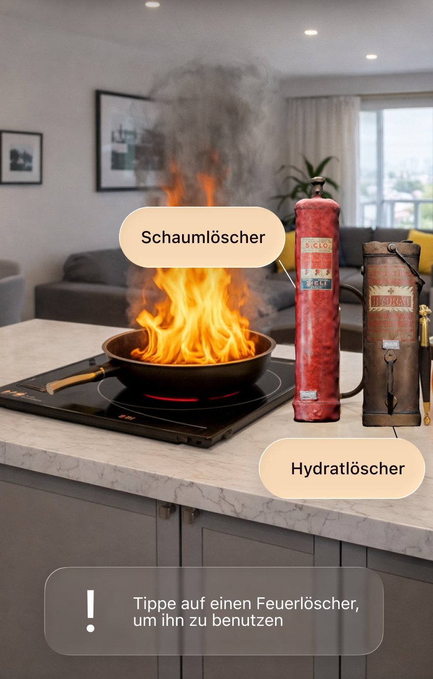 Küchenbrand: Feuer auf dem Herd, Schaumlöscher und Hydratlöscher daneben.